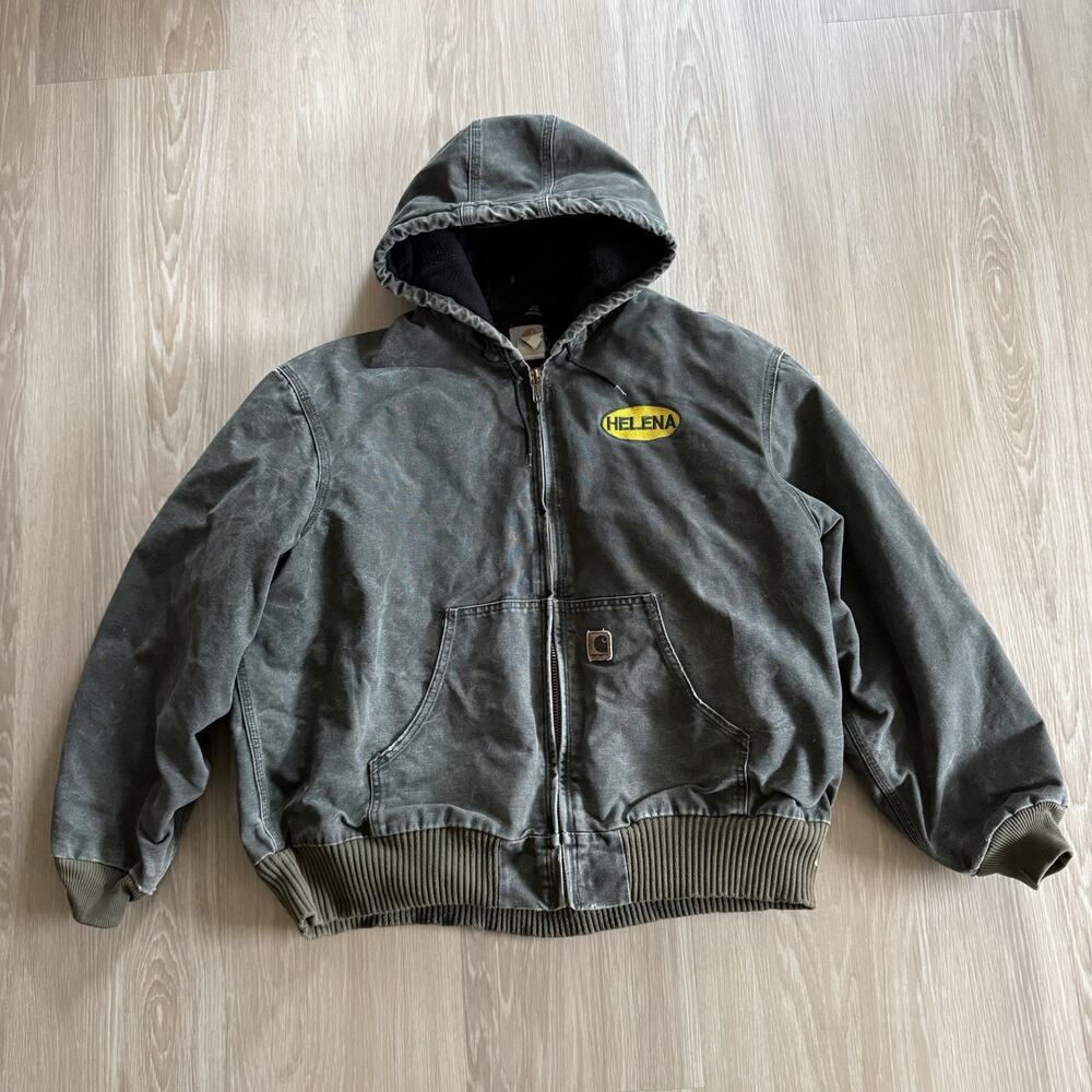 VTG Carhartt Jacket J130 MOS Duck Canvas Hooded Quilt Lined Faded Moss Green 2XL